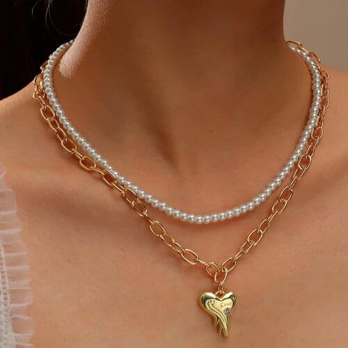 Vintage Multi-layer Pearl Beads Chain Choker Necklace For Women Gold Silver Color Fashion Heart Pendant Necklaces Jewelry Gifts