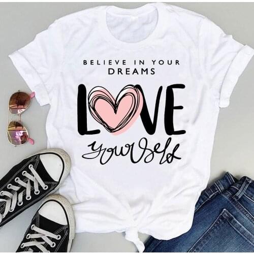 Women Cartoon Fashion Love Letter Sweet Cute Ladies Print Graphic Summer Short Sleeve Female Clothes Tops Tees Tshirt T-Shirt
