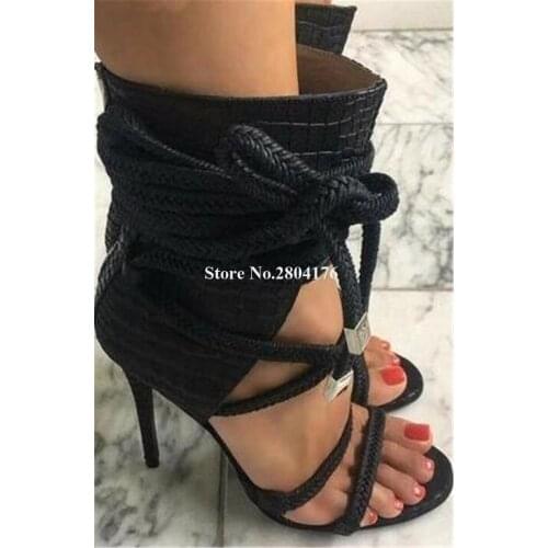 Western Style Women Fashion Open Toe Stiletto Heel Short Gladiator Boots Rope Lace-up Ankle Wrap High Heel Sandal Boots
