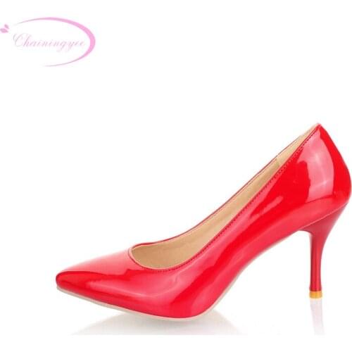 Chainingyee paint office lady style pump fashion sexy pointed toe black red apricot high heeled women shoes big size 21.5~27.5cm