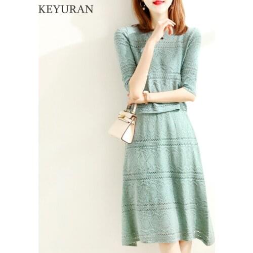 Women Spring Summer Skirt Suit Female Half Sleeve O Neck Top & A-line Skirts Knitted Hollow Out Casual 2 Piece Set Lady Clothes