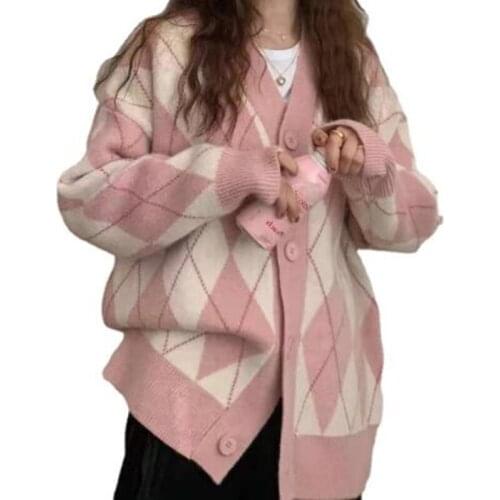 2021 Autumn New Women Oversized Knitted Cardigan Diamond Lattice Loose Sweater Korean Fashion V-Neck Top Coat For Women