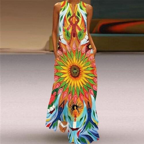 Summer Dress Women Dresses Bohemian Printing Breathable Casual Ladies Sleeveless Long Dress Floor-Length Vintage Dress Women