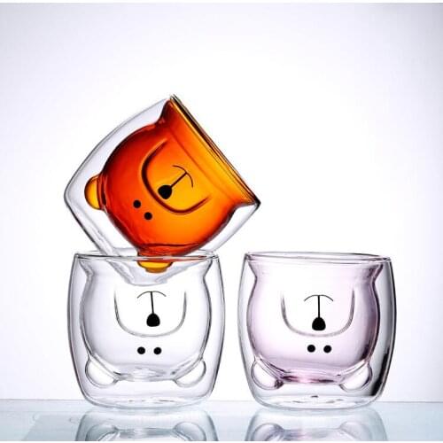 250ml Cartoon Bear Mug Double Layer Lead-Free Glass Cup Heat-resistant Milk Drink Juice Coffee Mugs Ice Cream Cups 4 Colors