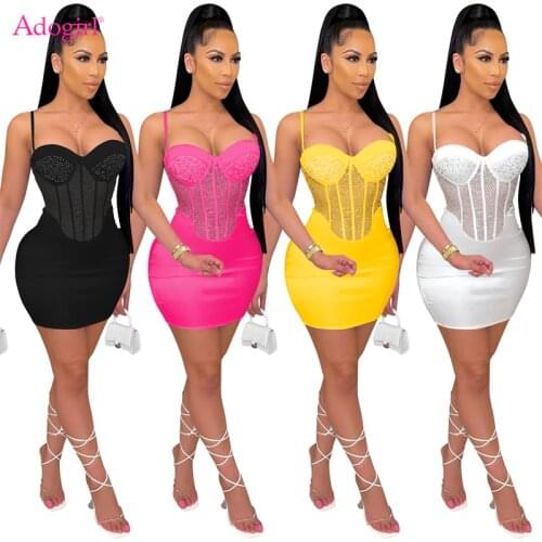 Adogirl Diamonds Sheer Mesh Patchwork Spaghetti Straps Bodycon Mini Dress Women Sexy Strapless Night Club Party Vestidos Outfits