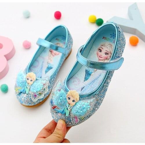 Disney girls single shoes spring new elsa princess shoes bow small leather shoes girl baby performance shoes