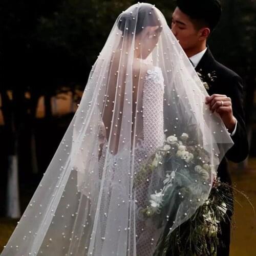Japan Women Pearl Beaded Long Wedding Veil One Layer Cathedral Bridal Veil Without Comb Luxury Boho Bride Accessories