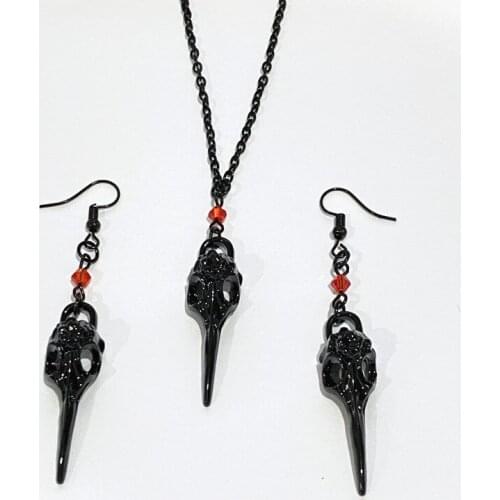 Gothic Black Crow Necklace Earrings Jewelry Set, Bird Skull with Red Bead Pendant Steampunk Style Witch Jewelry Women Gift