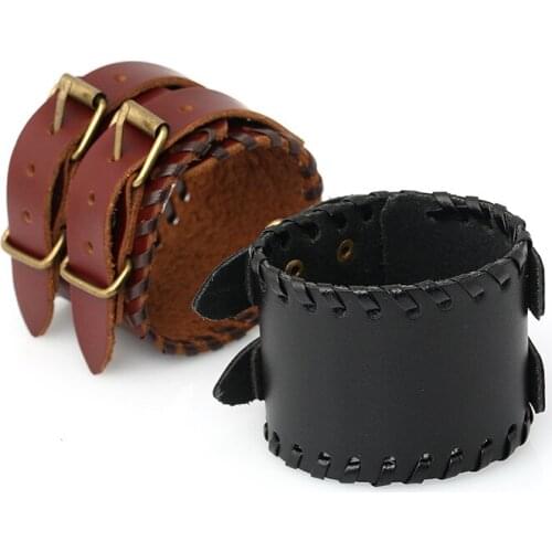 Jessingshow Fashion Double Belt Genuine Leather Wrist Friendship Big Wide Bracelet for Men Buckle Vintage Punk Jewelry Bangle