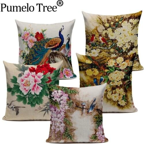 Chinese Classical Peacock Flower Decorative Cushion Covers Linen Colorful Peacock Throw Pillow Case for Sofa Car Seat Textile