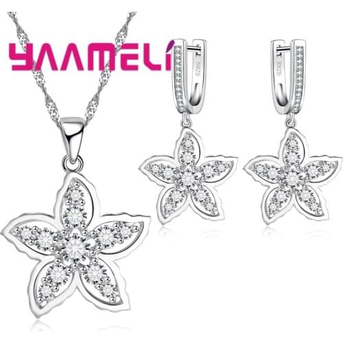 Classic 925 Sterling Silver Crystal Flower Pendant Necklace+Earrings Set 925 Sterling Silver Gift Jewelry Set For Girl