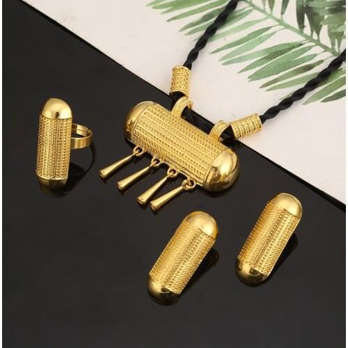 Ethiopian Gold Color Pendant Necklaces Earrings Ring Habesha Eritrean Wedding Jewelry Sets
