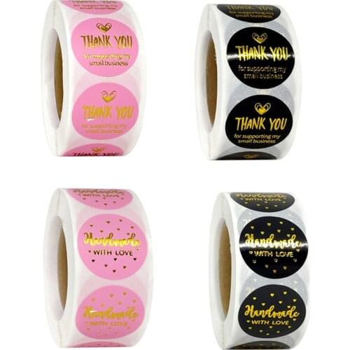 500pcs 1'' Pretty Black & Pink Gold Foil Thank You for Supporting My Small Business Stickers Handmade with Love Bronzing Labels