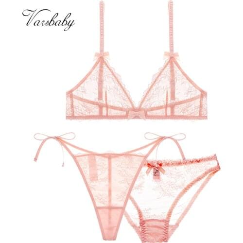 Varsbaby Sexy Comfortable Deep V Underwear No Steel Ring No Ring Unlined Lace Bra+panties+tongs 3 Pieces/lot