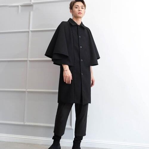 Mid-length Autumn and winter jacket loose Cape Woollen coat sleeveless fake 2 bat shirt shawl fashion man