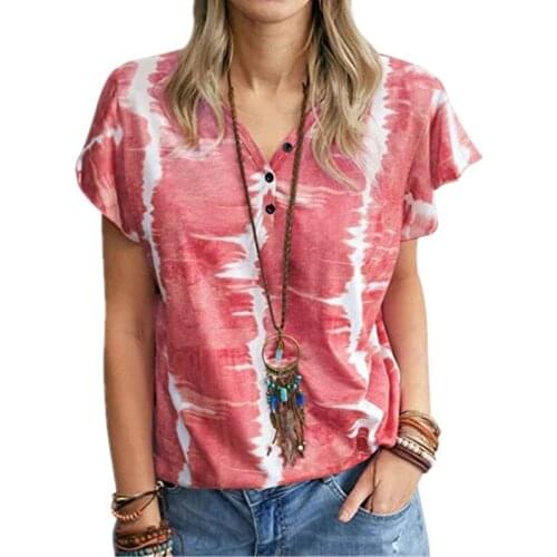 Summer Womens Top Loose Print T-Shirt Women Button V Neck Oversized Tops Female T-Shirt Y2K Ropa Mujer Kawaii Tops Plus Size
