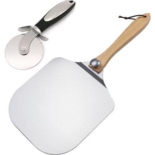Pizza Peel + Pizza Cutter, Pizza Paddle with Foldable Wood Handle, Pizza Oven Accessories,for Homemade Pizza/Bread Pies