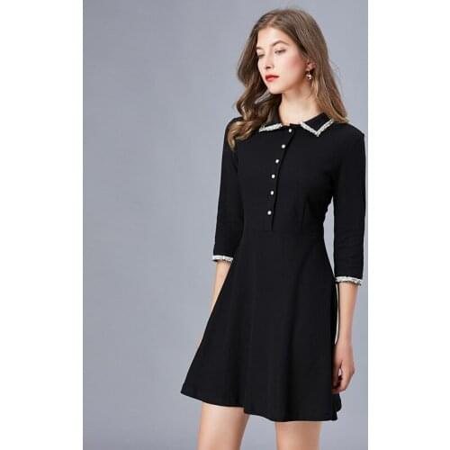 Taoyizhuai smart little black dress women spring and autumn new style small fragrance waist slim polo long sleeve Hepburn dress
