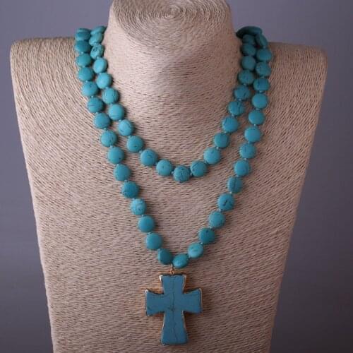 Fashion Bohemian Tribal Artisan Jewelry Flat TurquoiseStone Knotted Cross Necklace
