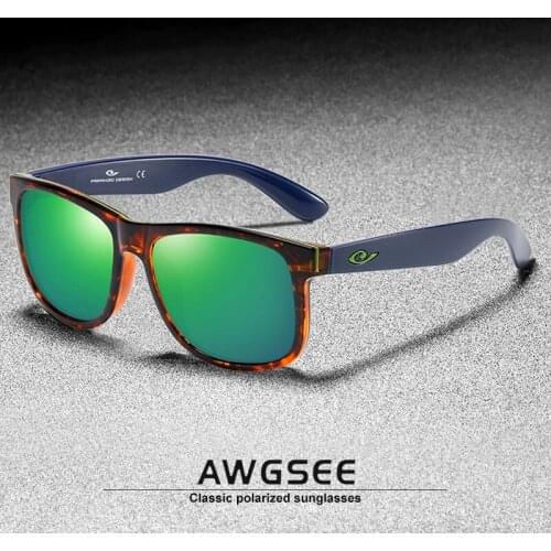 AWGSEE Outdoor Sports Polarized Sunglasses Square Classic Driving Shades Men Fishing Sunglass UV Protection Goggles Green Mirror