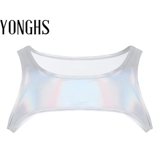 Harness Mens Shiny Metallic Sleeveless Shoulder Chest Strap Harness Muscle Clubwear Costume Half Tank Top