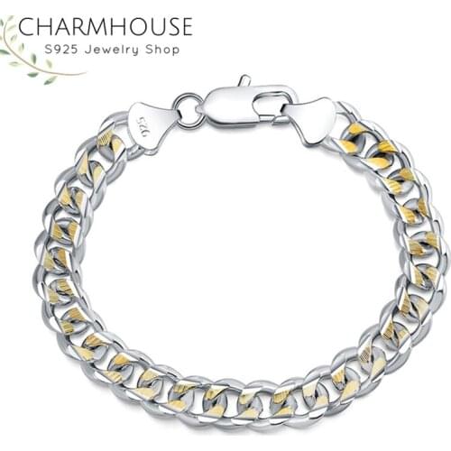 Charmhouse 925 Silver Bracelet For Men 10mm Link Chain Bracelet Bangles Wristband Pulseira Fashion Jewelry Accessories Bijoux