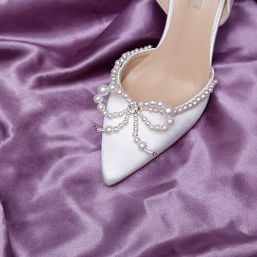 Autumn new style Baotou silk satin elegant white bridal wedding shoes female pearl bow sweet stiletto banquet dress sandals