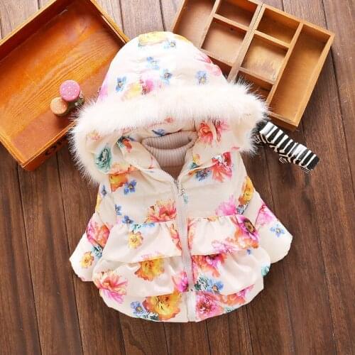 New Printing Girls Coats Infant Jackets Cotton Faux Fur Hat Hoodie For Winter Girl Down Jacket Thick Warm Outerwear Baby Clothes