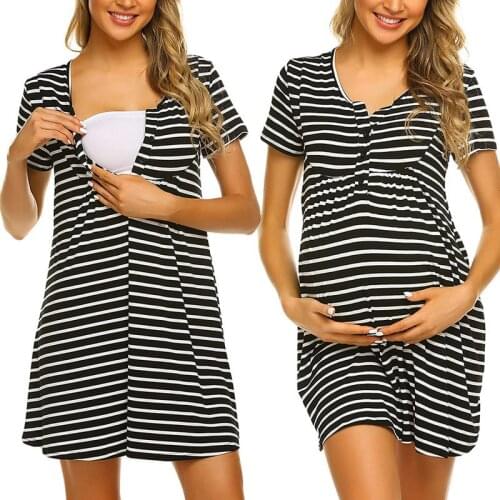 Maternity Nursing Pajamas Nightgowns Breastfeeding 2021 Maternity Striped Pajamas Dress Pregnant Women Short Sleeve Nightwear