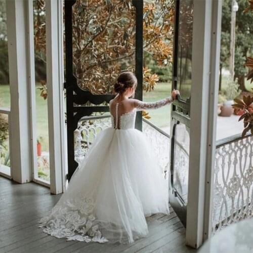 Sheer Neck Long Sleeves Girl Dress Holy Flower Girl Dress for Wedding