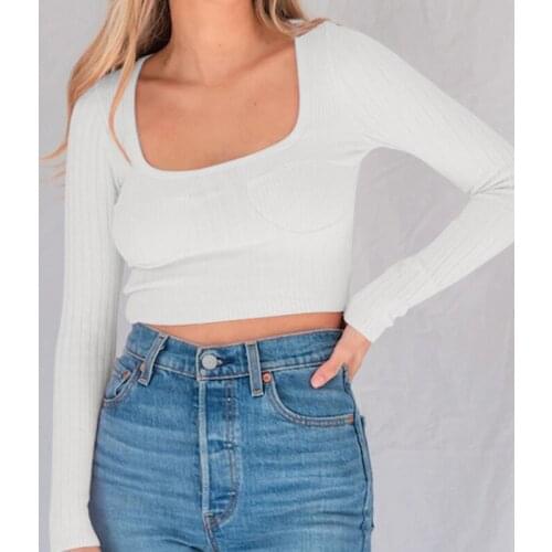 Platz Kragen Langarm Splice T-shirts Solide Crop Top Frauen Herbst Dünne Elastische Sexy Mode Lässig Cropped Top Niue