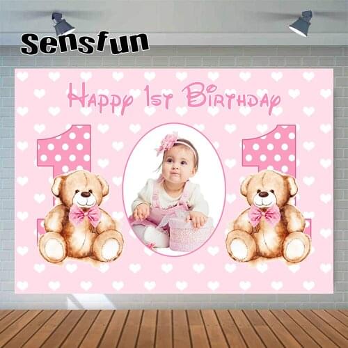 Sensfun Pink Baby Girl 1st Birthday Party Backdrops For Photography Bear Little Heart Newborn Baby Shower Backgrounds Customized