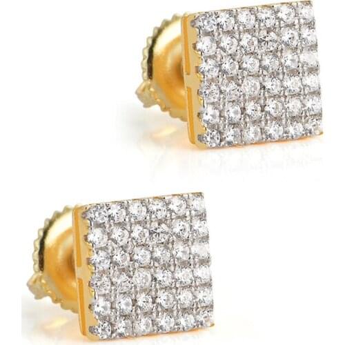 1Pair S925 Sterling Silver Stud Earrings CZ Stone Paved Bling Ice Out 14mm Sqaure Hip Hop Earrings for Women Men Unisex Jewelry