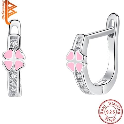 Wholesale Pure 925 sterling Silver Jewelry Lucky Pink Clover Hoop Earring For Kids Girl Cute Enamel Plant Earring Birthday Gift