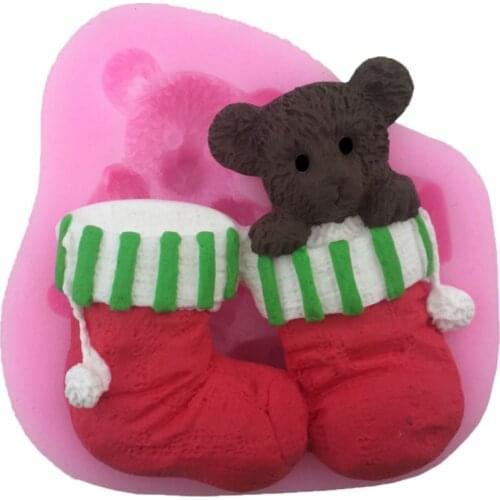 Meias de natal Urso Fondant Molde de Silicone Bolo De Chocolate Pastelaria Molde Jello Pudim Moldes DIY Bolo Biscuit Ferramentas