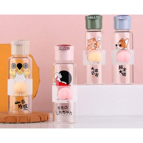 Glass Water Bottle With pull ring Creative Cartoon Transparent Coffee Cup Leakproof Portable Drink Bottle With Sealing Cap Lid