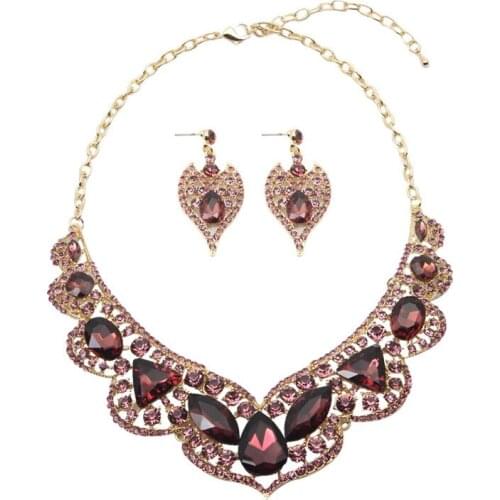 Rhinestone Vintage Women Bib Choker Chain Statement Necklace Earrings Jewelry Set Indian Bridal Wedding Crystal Party Jewellery