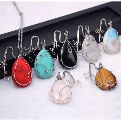 Vintage Teardrop Natural Gemstones Healing Crystal Stone Necklace Wire Wrapped Copper Tree of Life Chakra Pendant Mothers Gifts