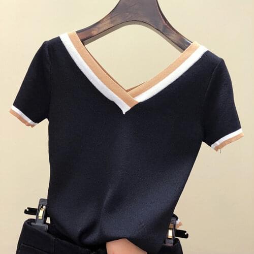 LJSXLS 2021 Womens T-shirt Contrast Color Striped Knitted Tshirt Summer Casual V-Neck Tee Shirt Woman Clothes Black Top Mujer