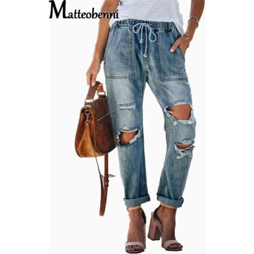 2021 Fashion Knee Ripped Women Summer Holes Loose Trouser Drawstring High Waist Pockets Long Straight Cylinder Denim Pants Jeans