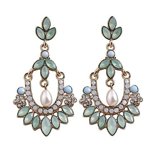 Women Flower Chandelier Earrings Acrylic Crystal Rhinestone Faux Pearl Ear Stud 7DJW