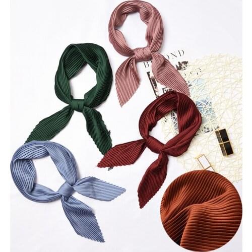 Women Faux Silk Bandana Crinkle Neck Scarf Foulard Small Headband Pleating Solid Color Neckwear Rhombus Office Lady Neck Wrap