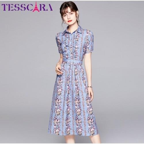 TESSCARA Women Summer Elegant Floral Dress Shirt High Quality Long Office Cocktail Party Robe Femme Runway Designer Vestidos