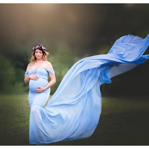 Womens mercerized cotton and chiffon pregnant women fluttering tail fluttering sleeves long skirt photography dress