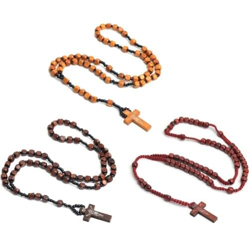 Handmade Wooden Beads Rosary Necklace Cross Pendant Necklaces for Men Women Gift