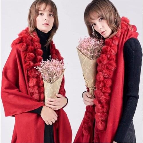 100% Real Genuine Cashmere Wrap Scarf Shawl Stole Womens Fashion Cape Tassels Real Rabbit Fur Balls Pompoms Big Warm Grey