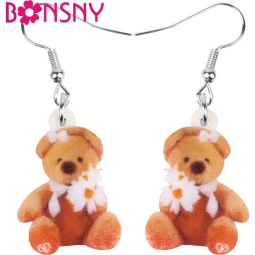 Bonsny Acrylic Flower Bear Doll Earrings Sweet Cute Animal Toy Dangle Drop Jewelry Gift For Women Teens Kids Charm Accessories