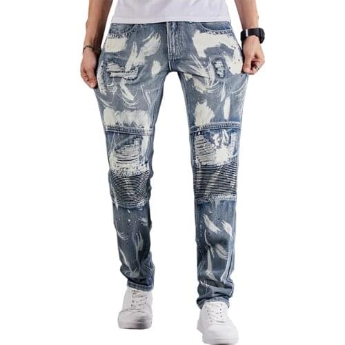 New Mens Male Fashion Casual Ripped Biker Jeans Holes Painted Patchwork Stretch Denim Pants Slim Pencil Trousers