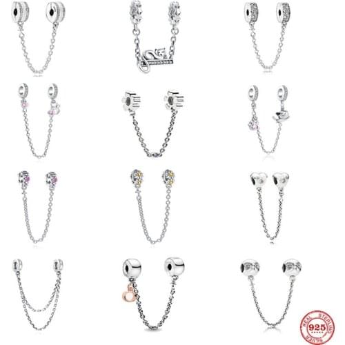 2021 New Cat Daisy Flower Safety Chain Silver 925 Charm Bead Fit European Original Pandora Bracelets DIY Series Jewelry