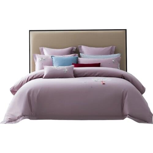 Caiyitang 4 pieces smooth soft stain like cotton bedding set flower&Magpie embroidery bed sheet purple luxurious bed quilt cover